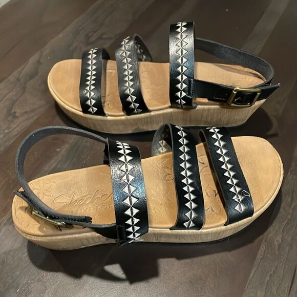 SKECHERS Women's Boho Becka Counting Summers Slingback Wedge Black Sandal 6 1/2 - Picture 1 of 11